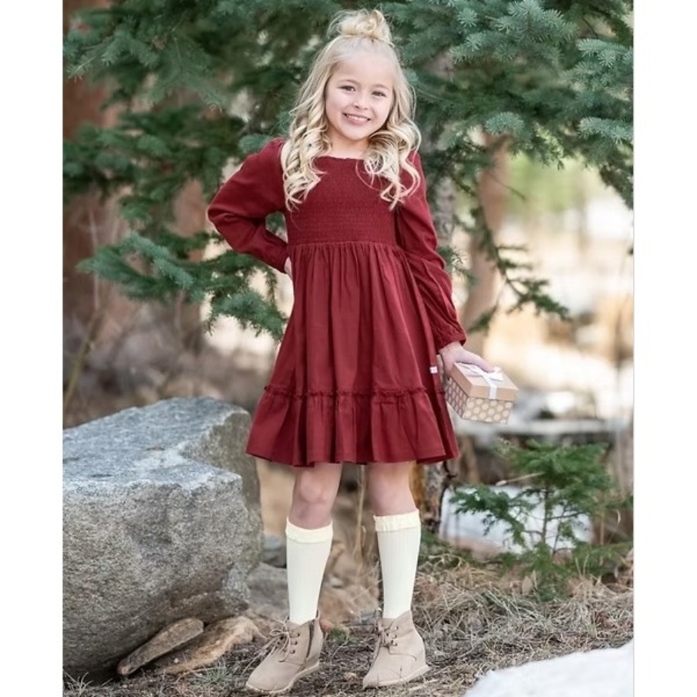 RuffleButts Toddler Girls Burgundy Smocked Long Sleeve Dress 2T NEW